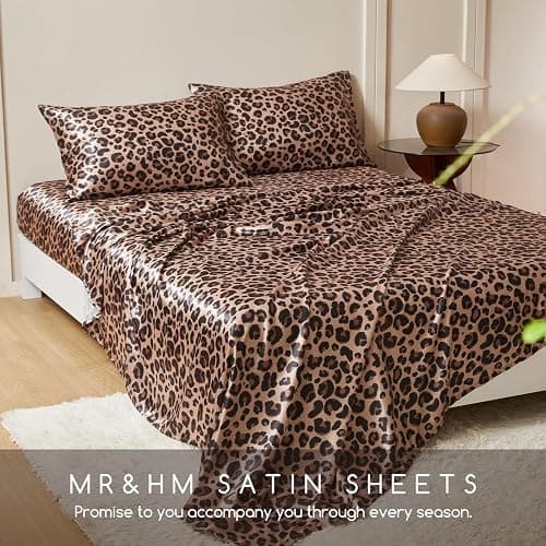 MR&HM Satin Bed Sheets with Elastic Corner Straps, Queen Size Sheets Set, 4 Pcs Silky Bedding Set with 15 Inches Deep Pocket for Mattress (Queen, Brown Leopard) thumbnail 7