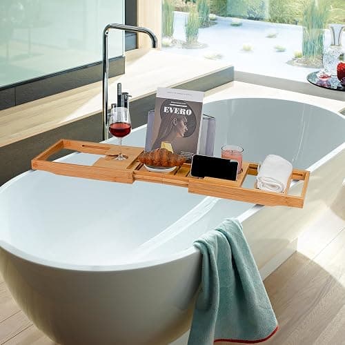 Utoplike Bathtub Caddy Tray, Bamboo Tub Tray with Sliding Towel Holder, Bath Table with Book Holder, Phone Stand and Adjustable Book Reading Rack, Tablet Slots thumbnail 6