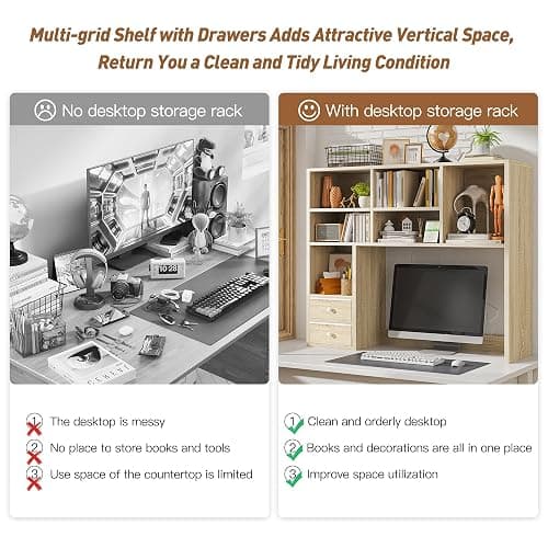 REIBII Desktop Bookshelf, High-Capacity Desk Hutch Organizer with 7 Shelves and 2 Drawers, Adjustable Bookshelf Storage, Desk Shelf for Top of Desk, Desk Hutch Dorm, Natural thumbnail 4