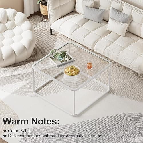 Coffee Table Glass, Minimalist Square Tables for Living Room, Modern Center Table for Office or Small Space, Sturdy Metal Frame, Easy Assembly, 26.4 x 26.4 x 15.7 Inches, White thumbnail 8