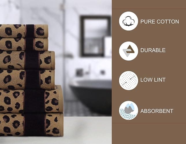 COTTON CRAFT 6 Piece Towel Set - 100% Cotton Animal Print Safari Towels | Soft Absorbent Leopard Cheetah Jacquard Bathroom Towels - 2 Bath Towel, 2 Hand Towel, 2 Washcloth Decorative Guest Towels thumbnail 5