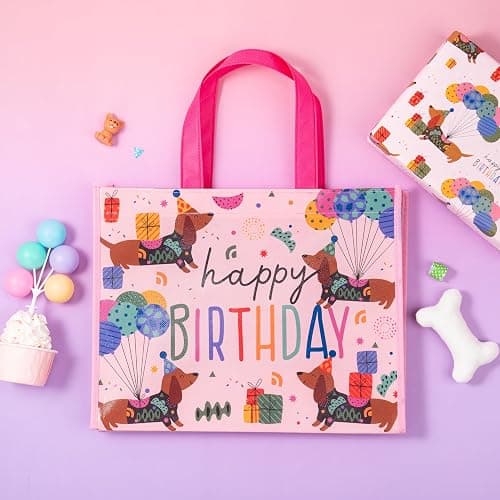 WRAPAHOLIC Large Reusable Pink Dachshund Birthday Gift Bag with Handles - 10 x 5 x 13 inch - Happy Bday Pink Dog Gift Bags for Kids Girls Birthday, Pet Lovers and Shopping thumbnail 7
