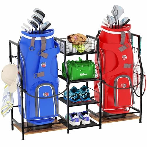 Jsskeeim Golf Bag Storage Organizer for Garage Organization, Golf Bag Stand for Golf Bag Accessories, Spacious Golf Rack for Golf Clubs & Golf Essentials, Ideal Golf Gifts for Men (Fits 2 Golf Bags) - Image 1
