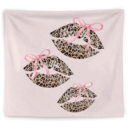 WNAGT Pink Coquette Bow Leopard Lips Tapestry Wall Hanging, Preppy Trendy Cheetah Print Kiss Lips Wall Blanket Decor for Girls Bedroom College Dorm Apartment Home, 50x60 Inch - Image 1