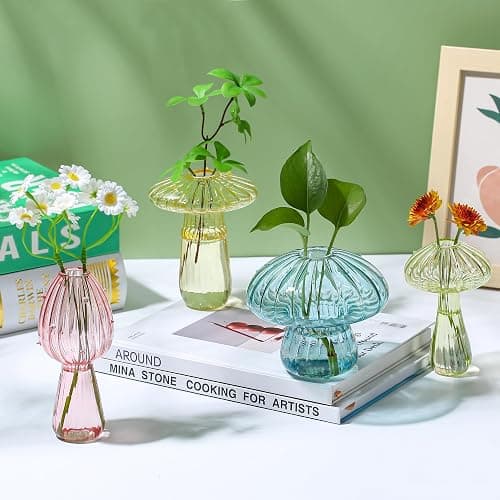 Mushroom Vase, Set of 6 Colored Flower Vase, Propagation Stations Vases, Small Bud Vases Home Decor Cute Glass Mushroom Planter for Room Office Decoration (Colorful) thumbnail 5