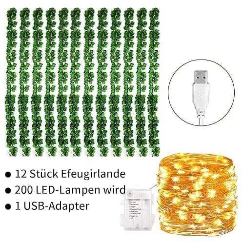KASZOO 12 Stück künstlich Efeugirlande Efeu, Künstliches Hängend Efeu mit 200 LED-Licht,für Hochzeit Party Garten Wohnung Balkon thumbnail 4