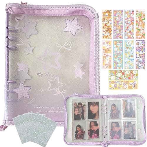 Lora Rossie Kpop Photocard Binder Kpop Photocard Holder Book with Kpop Photocard Korean Stickers, A5 Binder Photocard Album 25 Inner Pages with 200 Pockets 6 Ring Photocard Binder Kpop (Purple Star) - Image 1