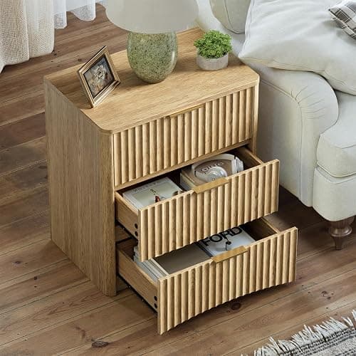 Evermagin Fluted Nightstand Set of 2, Natural Oak Bedside Table with 3 Drawers, Wood End Table with Storage Mid Century Modern, Large Night Stand for Bedroom thumbnail 5