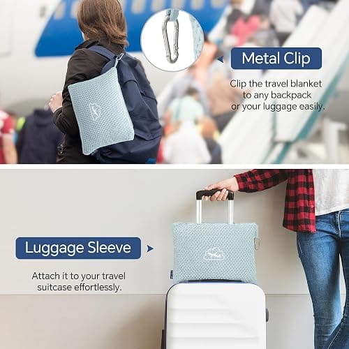 BEDELITE Travel Blanket with Bag, Ultra-Soft Jacquard Fleece Blanket with Luggage Sleeve & Backpack Clip, Airplane Blanket Travel Essentials, Blue thumbnail 5
