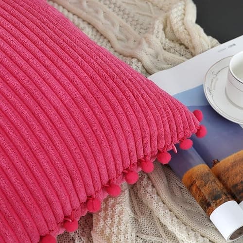 sykting Hot Pink Throw Pillow Covers 18x18 inch Soft Striped Boho Farmhouse Decorative Pillow Covers with Pom Poms for Couch Sofa Bed Chair Outdoor Pack of 2 thumbnail 4