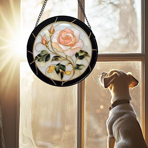 AMDERVEN Stained Glass Window Hanging - Black White Pink Rose Sun Catcher for Door Home Decor Flower Suncatcher Christmas Mother's Day Birthday Gifts for Women Men Lovers Mom Nana 7.8 in thumbnail 5