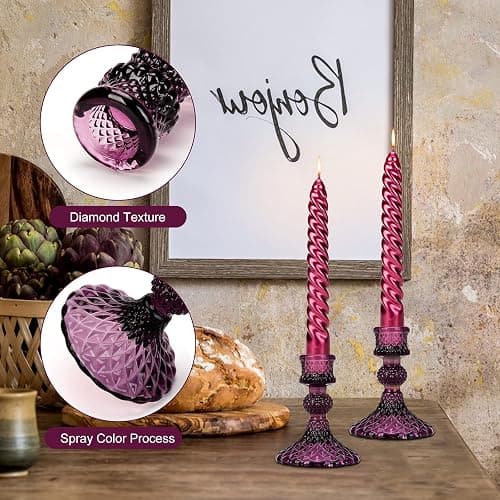 Glass Candle Holder, 2PCS Decorative Candle Sticks Pillar Candle Stand for Formal Events Wedding Party Table Centerpieces Home Decoration, Dark Purple thumbnail 4