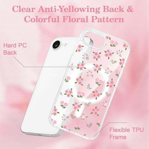 QLTYPRI Magnetic for iPhone 17e / iPhone 16e Case Compatible with Magsafe, Cute Floral Flower Aesthetic Phone Case Slim Clear Anti-Yellowing Shockproof Phone Cover for Girls Women - Floral thumbnail 5