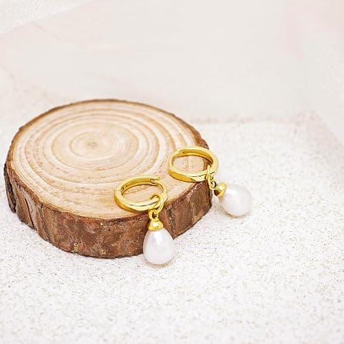 JOBICY Pearl Earrings for Women Trendy, 14k Gold Plated Freshwater CZ Leaf Pearl Dangle Drop Gold Earrings Lightweight Hypoallergenic Stud Earring Bridesmaid Wedding Gold Jewelry for Women Gifts thumbnail 3