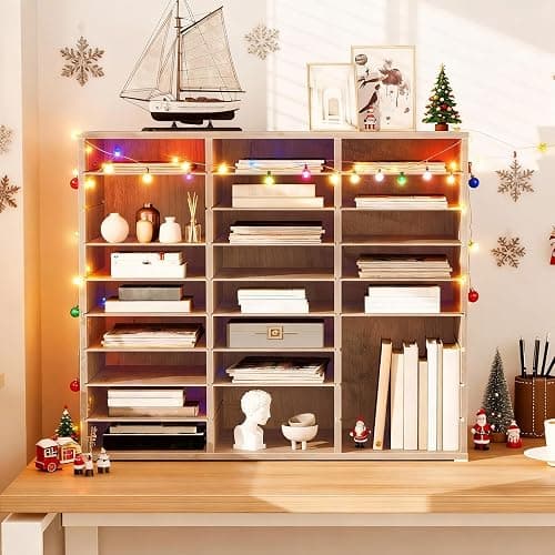 HOOBRO Literature Organizer, 27 Compartments Wooden Mail Organizer, Countertop Literature Sorter with Adjustable Shelves for Home, Office, School, Student Mailbox for Classroom, Greige BG27WF01 thumbnail 2