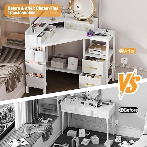 Espelism Corner Vanity Desk with Charging Station, 49.6" Makeup Table with Fabric Drawers & Side Pocket, Space-Saving Dressing Table for Small Space Bedroom Dorm(White) thumbnail 8