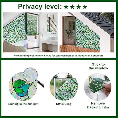 Window Privacy Film Stained Glass Decorative Static Clings Rainbow Window Tint for Home Room Decor Bathroom Door Car Stickers with Iridescent Effect, Removable(Blue & Green pothos Botanical) - Green&blue - 17.5*78.5 thumbnail 4