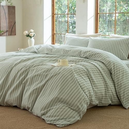 BESTDESIL Sage Green and White Striped Duvet Cover,100% Washed Cotton Breathable and Linen Like Bedding Set(Strip-Sage Green/White,Full Size) thumbnail 3