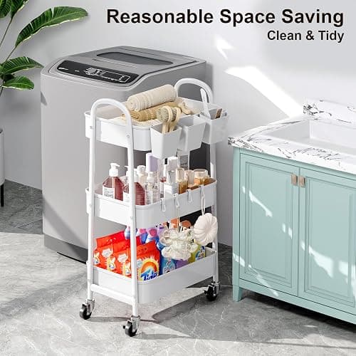 3 Tier Heavy Duty White Metal Rolling Cart with Lockable Wheels, Three Tier Roller Book Snack Cart, Utility Storage Organizer Carts for Kitchen, Bathroom, Garage, Baby Diaper, Craft, Art, Teacher thumbnail 6
