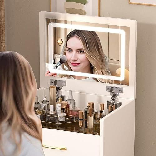 3 in 1 Vanity Desk with Plip Top Mirror and Lights,Compact Vanity Set with Visible Glass Desktop,Small Makeup Vanity Table with 3 Drawers,Cushioned Tool,3 Light Mode,Brightness Adjustable,White thumbnail 4