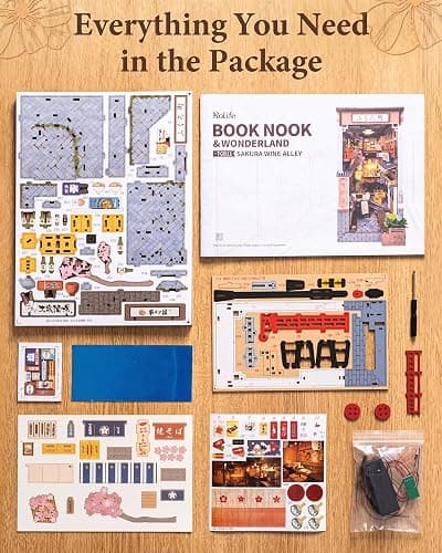 Rolife DIY Book Nook Kits for Adults, Miniature Dollhouse Booknook Kit, 3D Wooden Puzzle Creative Decorative Bookends Bookshelf Diorama Insert Crafts Hobbies Gifts (Sakura Wine Alley) thumbnail 9