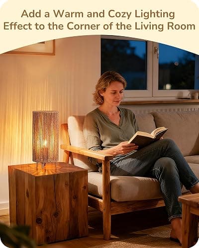 EDISHINE Boho Bedside Lamps Set of 2, Rattan Table Lamp for Living Room, Bedroom, LED Bulb Included, E27 Base, Vertical Stripes Lampshade thumbnail 7