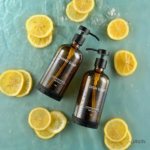 Janxin Glass Kitchen Soap Dispenser Set with Ceramic Tray,16.9 floz Hand and Dish Soap Dispenser for Kitchen and Bathroom Decor (Amber Bottles + Black Pumps) thumbnail 7