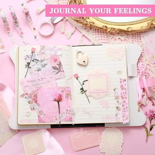 Janlaugh DIY Journal Diary with Lock Set Scrapbook Kit Stationary Diary Supplies Art Crafts Kit for Birthday Holidays Ideal Gifts for Women Teen Girls(Pink,Classic) thumbnail 6