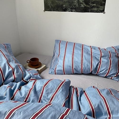 mixinni Vintage Striped Blue Duvet Cover Queen - 100% Cotton Red Stripes 3-Piece Bedding Duvet Cover Set with Zipper Closure, Soft & Breathable Retro Design for All Seasons (Queen Size) thumbnail 7