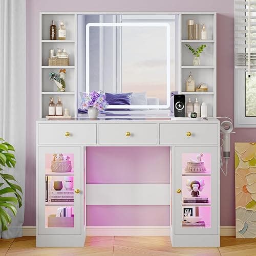 Makeup Vanity Desk with HD Lighted Mirror & Power Outlet, Glass Top Vanity Table Set with Storage Drawers & RGB Cabinets, Large Dressing Table with 3 Lighting Modes for Bedroom Women Girls Kids, White thumbnail 9