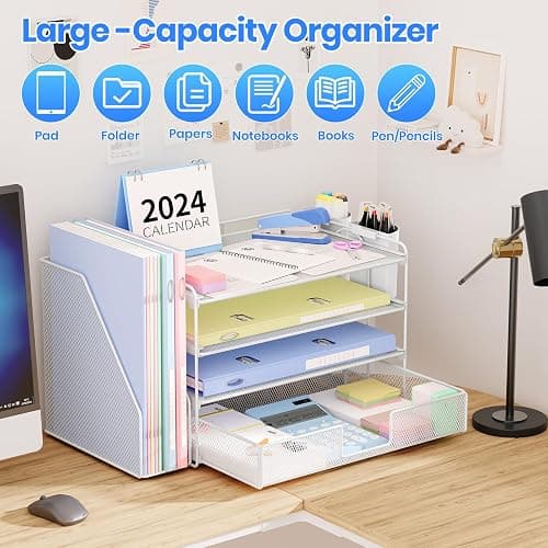 OPNICE Desk Organizer and Accessories, 4-Tier Desktop File Organizer with Drawer and 2 Pen Holders, Office Desk Accessories, File Sorters, Workspace Organizers for Office Supplies(White) thumbnail 4