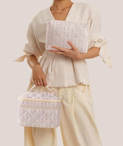 HBselect 2Pcs Travel Makeup Bag, Large Cotton Quilted Makeup Bag Cosmetic Bag Cute Make up Bag Toiletry Bags for Women Girls thumbnail 7