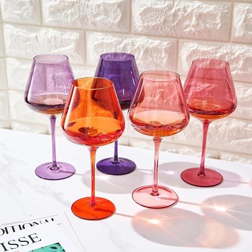 Khen Sunset Colored Crystal Wine Glass Set of 5, Large 20 OZ Glasses, Bright Italian Style Tall Stemmed Drinkware for Red & White Wine, Water Dinner Glasses, Color Beautiful Glassware - (Stemmed) thumbnail 6