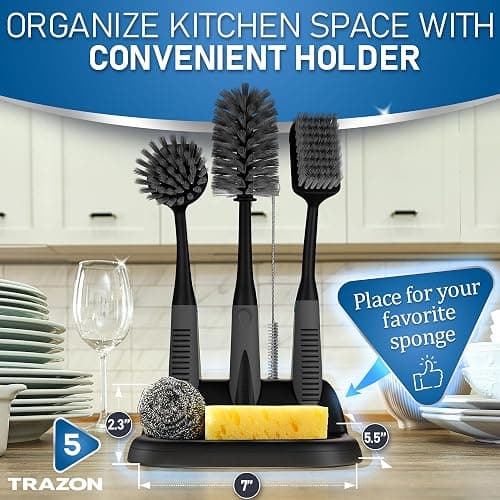 Dish Brush Set of 5 with Holder - Kitchen Scrub Brushes with Non-Slip Long Handle for Cleaning, Scrubber, Dishwashing, Dishes, Bottles, Straws, Cups, Pots & Sink, Black thumbnail 5