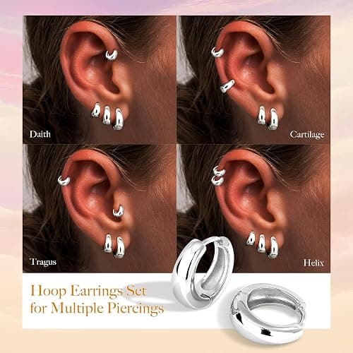 Poxtex Thick Silver Chunky Huggie Hoop Earrings for Women, Hypoallergenic Small Sterling Silver Cartilage Hoops Stacks, 14K Gold Plated Lightweight Dainty Jewelry Set for Multiple Piercings 6/8/10/12mm thumbnail 3