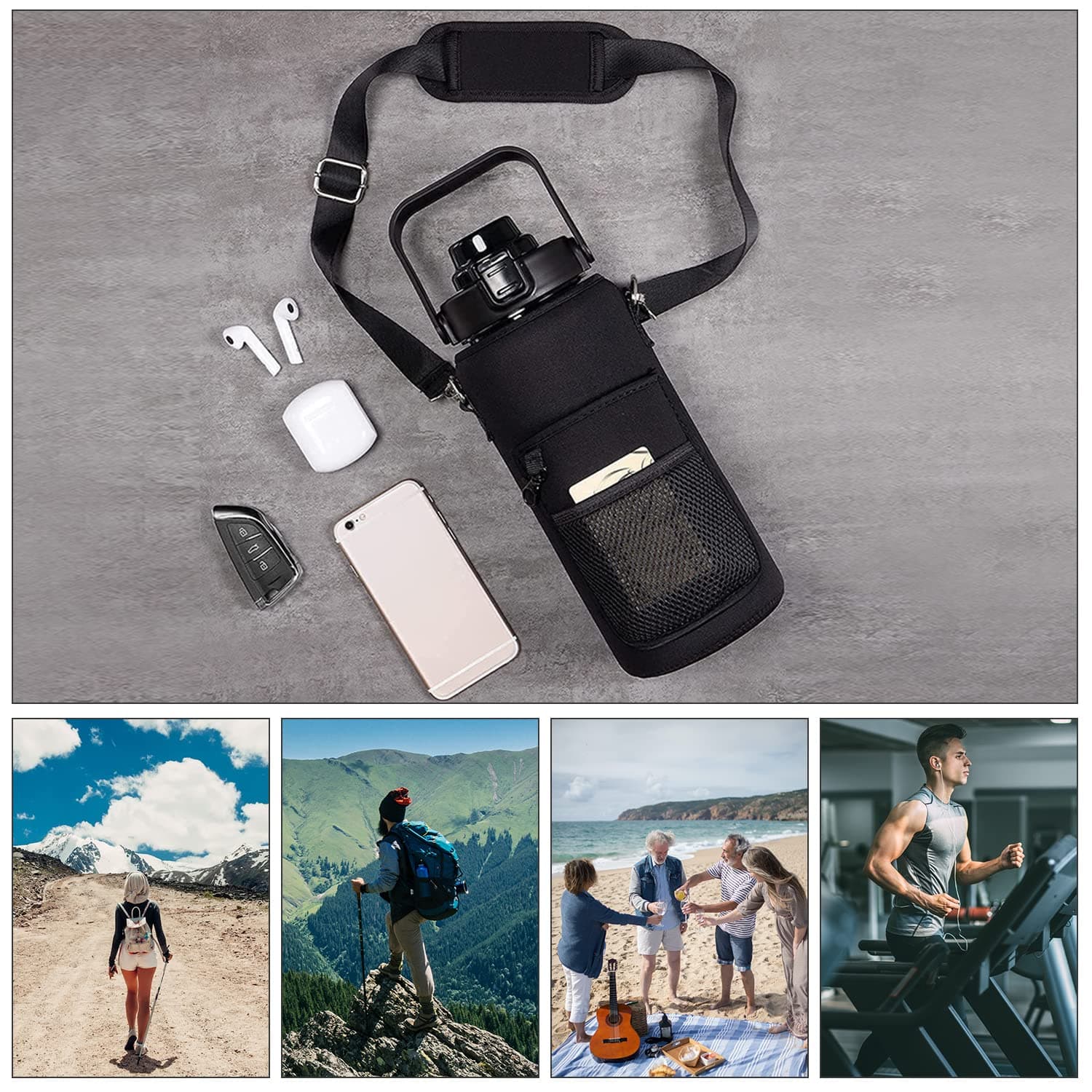 MOYAC Botella Agua con Funda Protectora, Botella de Agua 2 Litros con Pajita, Asa, Correa para el Hombro, Función de Apertura con un Botón, para Fitness, Viajes, Escuela, Oficina (Negro) thumbnail 7