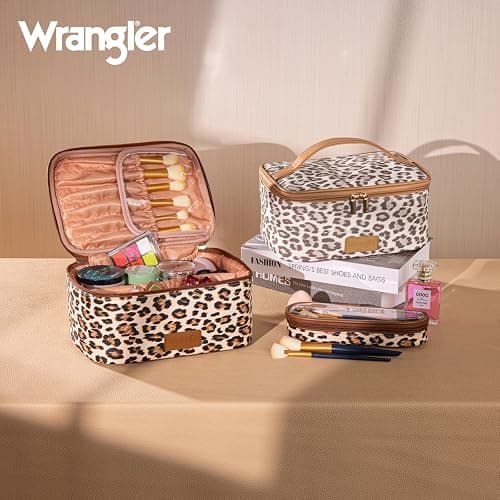 Montana West X Wrangler Travel Makeup Bag 2pcs Set Large Cosmetic Bag with Makeup Brush Holder Portable Make Up Organizer Cute Toiletry Bag with Divider and Handle for Women Leopard thumbnail 2