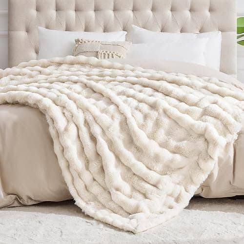 NORD ECO Luxury 1000GSM Faux Rabbit Fur Throw Blanket, Super Heavy Warm Cozy Blankets for Couch Bed Sofa, Bubble Plush Fuzzy Elegant Soft Reversible Mink Blanket for Living Room Bedroom, Cream White thumbnail 5