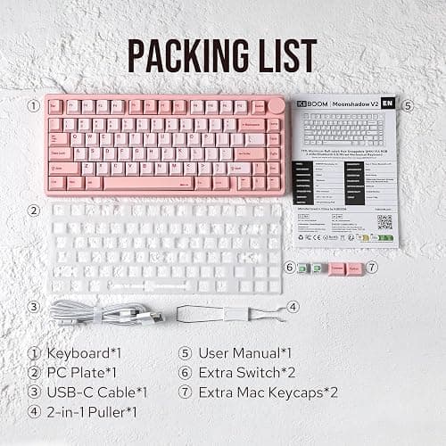 KiiBoom Moonshadow V2 75% Wireless Aluminum Gaming Keyboard, QMK&VIA Programmable, BT5.0/2.4GHz/USB-C, Hot-Swappable Creamy Mechanical Keyboard with FR4 Plate, Knob, 4000mAh Battery (Pink) thumbnail 7
