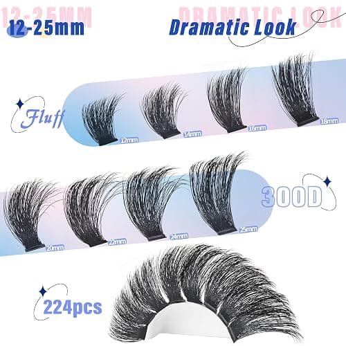 Yaiseiko Fluffy Lash Clusters 300D Thick Long 12-25mm Volume Cluster Eyelash Extensions 224Pcs Wispy Individual Lashes D Curl Waterproof Eyelash Clusters Soft False Eyelashes DIY at Home thumbnail 2