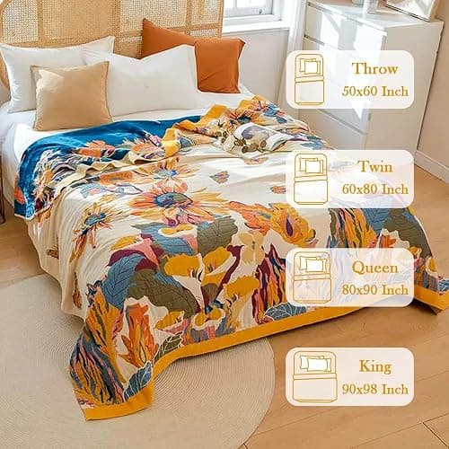 XIBLC Boho Throw Blanket, 100% Cotton Ultra Soft Luxury Throw Rustic Quilt, 50"x60" Floral Bird Butterfly Farmhouse Decor Bed Blankets, All Season Rustic Reversible Bohemian Throw for Bed - Yellow thumbnail 4