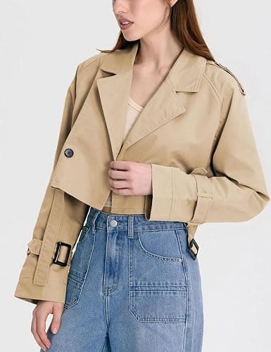 Xiaoxuemeng Womens Cropped Bike Jacket Casual Double Breasted Trench Coat with Belt thumbnail 7