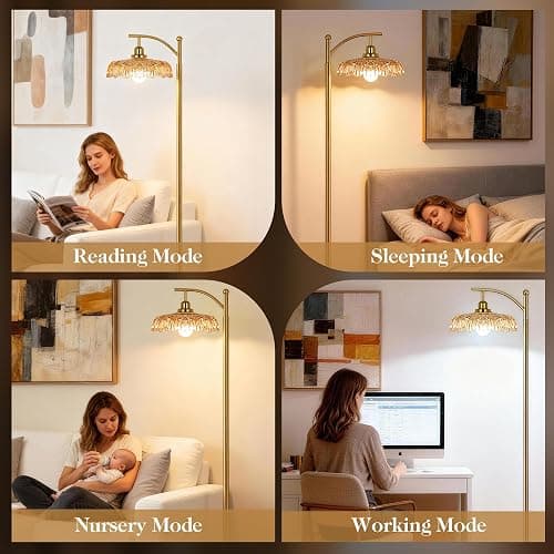 Gold Floor Lamp for Living Room, Dimmable Mid Century Modern Standing Lamp with Remote Control and Amber Glass Shade, 68" Tall Lamp for Bedroom, Vintage Retro Antique Glass Flower Lamp, Brushed Gold thumbnail 5