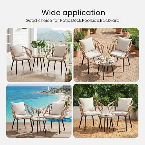 DUMOS 3 Pieces Outdoor Bistro Set, All-Weather PE Rattan Patio Furniture Set with Cushions, Steel Frame Table and Chairs for Balcony, Apartment, Porch, Beige thumbnail 8