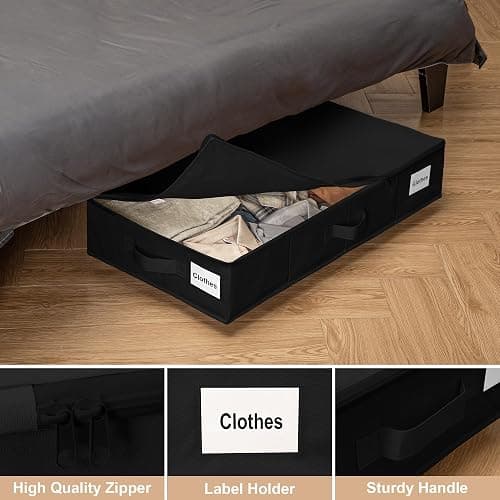 Vincona Under Bed Storage with Wheels, 2 Pack Under Bed Storage Containers with Label Holders for Clothes, Shoes and Blankets, Rolling Underbed Shoe Organizer with Cover, Black (30.71x15.7x7.28 in) thumbnail 5