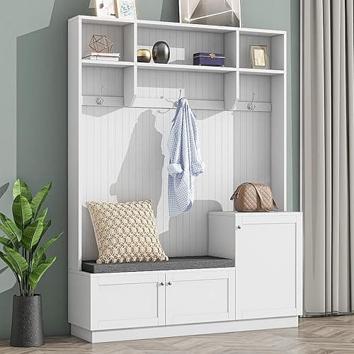Elegant Design Hall Tree with Comfort and Storage Solutions, Functional Hallway Shoe Cabinet with Bench&Cushion, Modern Coat Rack with Hooks for Entryways, White - White