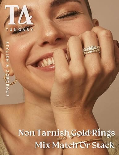 Tungary 14K Gold Plated Stackable Rings for Women Non Tarnish - Dainty Wedding Bands Gold Ring Stack Set Trendy Minimalist Cubic Zirconia Statement Engagement Promise Thumb Stacking Rings Size 5-10 thumbnail 2