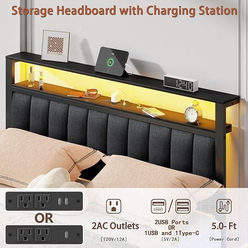 Furnulem Queen Bed Frame with Charging Station and LED Lights, Grey Upholstered Headboard with Shelves, Metal Platform Bed with 2 Under-Bed Storage (Fabric Drawer on Wheels), No Box Spring Needed thumbnail 9