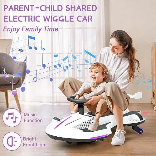 12V Electric Wiggle Car with Pedal for Kids, Rechargeable 2 in 1 Swing Car, Drifting Ride On Toys with Backrest, Anti-Rollover, Spray, Flashing Light, Music, for Ages 3 and Up, 150 Lbs (White) thumbnail 3