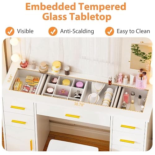 ANWBROAD Large Vanity Desk with Lighted Mirror White Makeup Vanity Set with Glass Top & Power Outlet & 7 Drawers Storage 3 Color Lighting Modes Dressing Table with Stool for Bedroom Women Girl UBDT83W thumbnail 5
